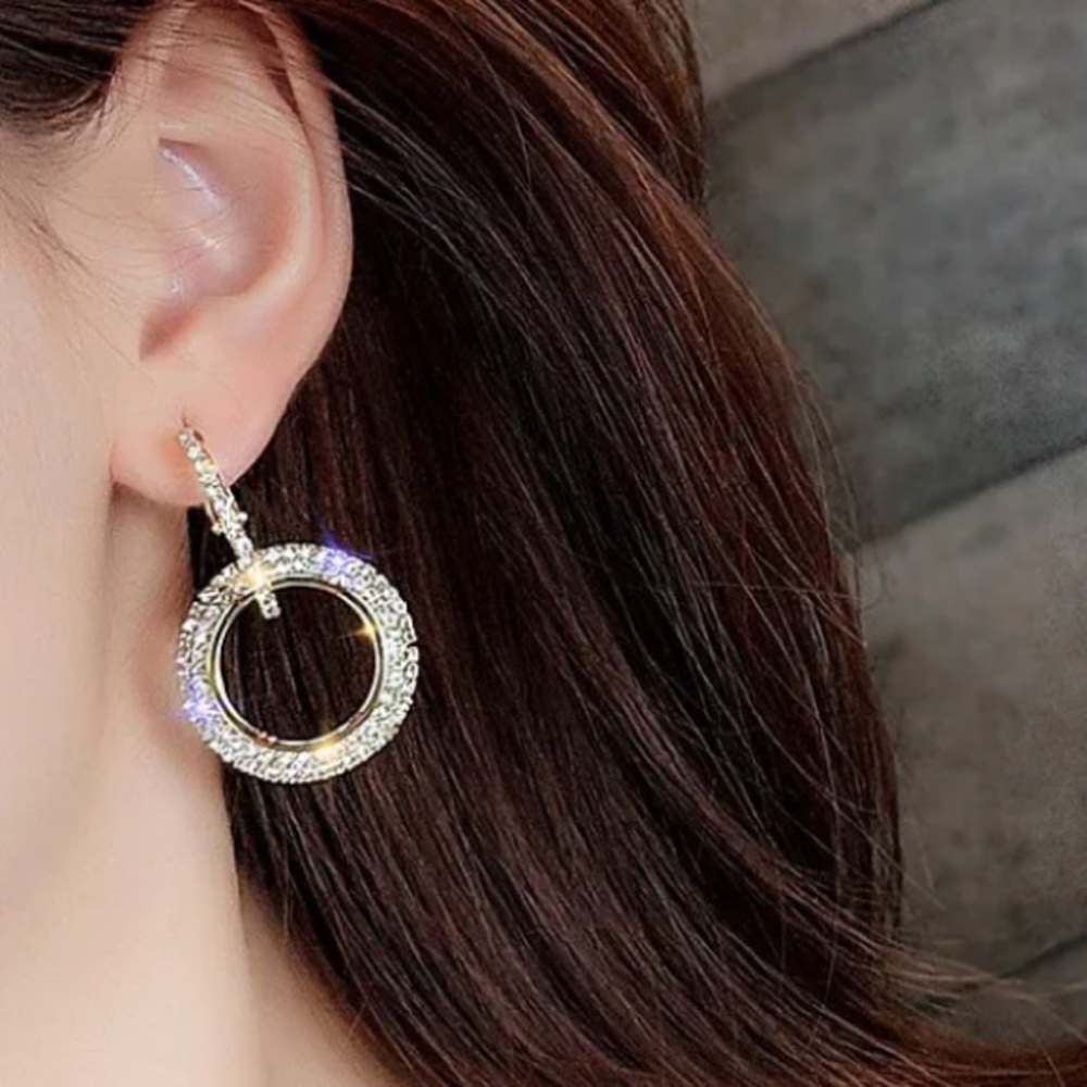NEW Circle Sparkly Rhinestone Dangle Earrings, Silver or Rose Gold - STUNNING! - Picture 4 of 10